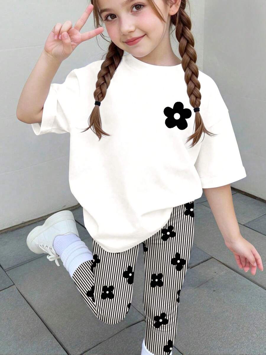 Maglietta casual a maniche corte con scollo rotondo e stampa floreale per ragazze giovani - Multicolore - Visualizzare 1