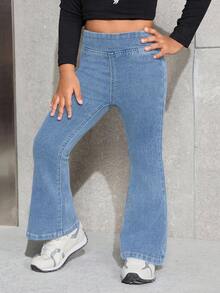 SHEIN Girls' Blue Denim Stretch Skinny Flare Pants - Light Wash - View 6