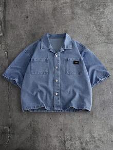 AXEPEAK Bộ đồ nam cỡ lớn phong cách thường ngày đường phố, áo sơ mi ngắn tay và quần jean denim, thích hợp cho đi làm hàng ngày, mùa xuân/hè. - Màu xanh lam - Xem 7