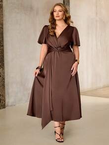 Roveilla Women's Spring/Summer Elegant Delicate Acetate Single-Sided Linen Music Festival Office Commute Casual Vacation Afternoon Tea Party Romantic High-End Sexy Shirred Ruched Waist Twist Knot A-Line Coffee Brown Long Dress - Coffee Brown - View 4