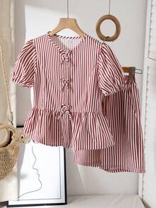 Tween Girls' Striped Vacation Style Set, Adorable Bow Decor On Front, Puff Sleeve Top + Casual Shorts, Comfortable Wear - Pink - View 5