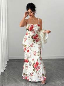 SHEIN Clasi Plus Size Women Square Collar Bow Chiffon Blouse Printed Fishtail Hem Dress Set Wedding Mother Of The Bride Formal Beige White Summer Elegant - Apricot - View 8