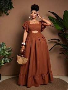 Maweii Vestido elegante plus size feminino para férias, cor sólida, decote quadrado, mangas com babados e recorte na cintura. - Castanho - Ver 1