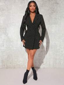 SHEIN SXY Plus Size Women Polka Dot Print Button Long Sleeve Blazer Jacket, Commuter Wear - Black - View 3