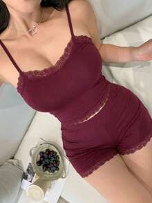 DAZY 2pcs Sexy Lace Patchwork Camisole And Ultra-Short Shorts Pajama Set For Women Summer - Burgundy - View 4