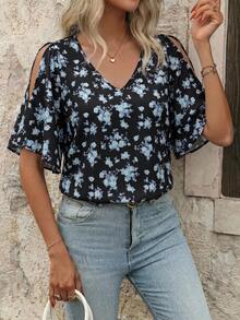 SHEIN Clasi 女士印花镂空V领休闲短袖衬衫，夏季 - 彩色 - 查看 3
