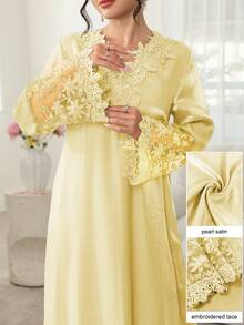 Vestido Maxi Najma con Cuello en V, Bordado Floral, Manga Larga, Patchwork y Bajo con Volantes, Estilo Tradicional Turco y Árabe - Amarillo - Ver 5