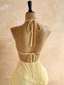 Soleia Women's Fashion Versatile Lace Ribbon Ruffle Hem Halter Neck Tie Dress,Dresses For Women Summer - Khaki - View 6