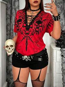 Whyspr Plus Size Punk Eyelet Tape Print Short Sleeve T-Shirt, Spring/Summer - Red - View 3