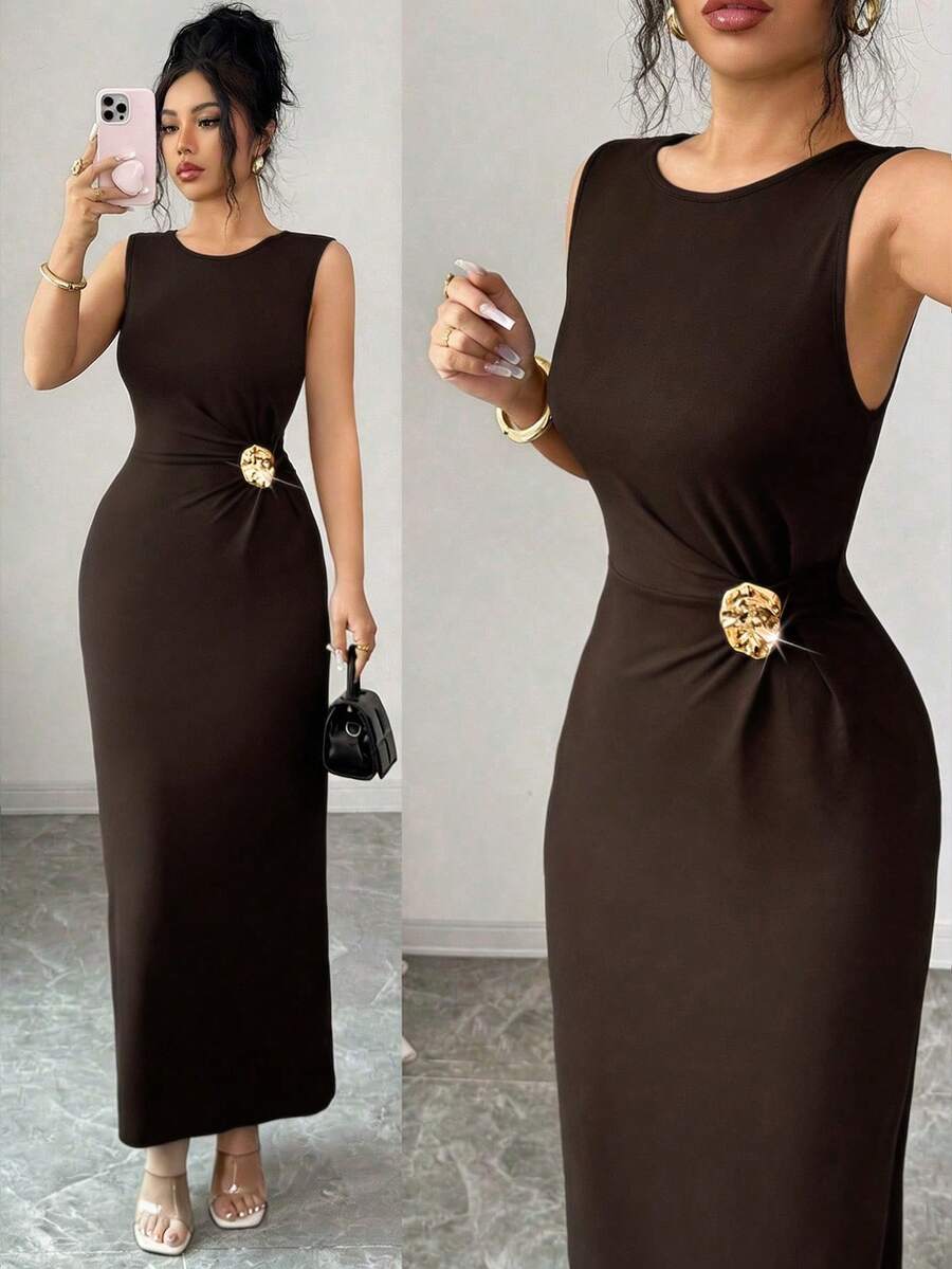 SHEIN Raffinéa Women's Solid Color Metal Decor Ruched Elegant Waist Party Dress - Brown - View 1