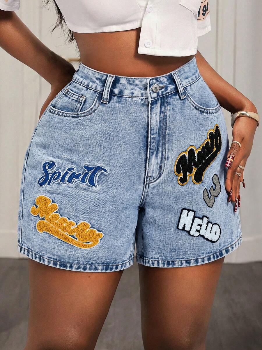 BamGleam Quần short denim nữ kiểu dáng thường ngày có họa tiết chữ và túi ngực. - Rửa nhẹ - Xem 1