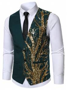 Calvornis Men's Party Banquet Patchwork Sequin Botanical Pattern Performance Dinner Waistcoat - Green - View 3
