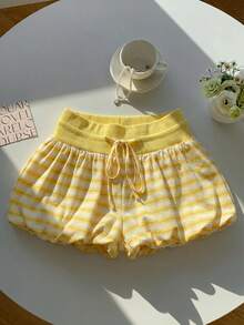 Comfortcana Women's Striped Fashionable Versatile Drawstring Waist Contrast Color Floral Shorts - Yellow - View 3