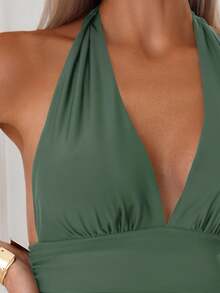 Swim Basics Traje de baño de una pieza con cuello halter de unicolor, para vacaciones casuales - Verde militar - Ver 4