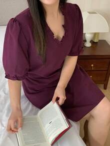 Dazy Plus Plus Size Women's Gingham Ruffle Trim Short Casual Dress, Sweet Home Dress For Spring & Summer Pajamas - Burgundy - View 9
