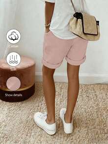 SHEIN Holidaya Quần short nữ mùa hè mới, chất liệu linen, kiểu dáng thường ngày, có dây rút ở eo và gấu quần được cuộn lên, mang đến vẻ ngoài thoải mái nhưng vẫn thanh lịch, phù hợp cho những buổi đi chơi hàng ngày, kỳ nghỉ hoặc những dịp thường nhật nhẹ nhàng. Đây là một món đồ đa năng trong dòng quần short thường ngày có dây rút, quần dài màu kaki thanh lịch và quần ống rộng ôm dáng. - Hồng - Xem 2