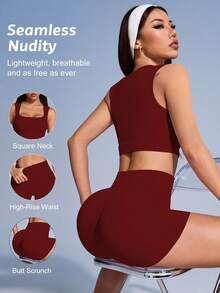BamGleam Ensemble de soutien-gorge de sport et shorts côtelés de couleur unie pour femmes, tenue de sport - Rouge foncé - Voir 2