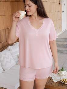 Doze Lane Conjunto de pijama de manga corta con encaje acanalado para mujer de talla grande - Rosa - Ver 4