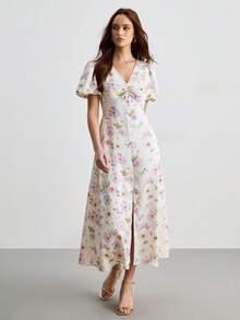 CielaLinda Đầm maxi ngắn tay bồng bằng vải satin họa tiết hoa dành cho nữ, xẻ tà. - Nhiều màu - Xem 4