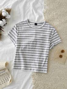 Tseoso 94% Cotton Casual Minimalist Style Gray & White Striped Cropped Fitted T-Shirt, Versatile For Spring/Summer,Summer Top - Grey - View 6