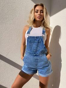 SHEIN PETITE Quần yếm denim nữ kiểu dáng thường ngày, có dây đeo điều chỉnh được. - Rửa trung bình - Xem 5