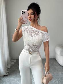 Elenzga Damen minimalistische einfarbige plissierte asymmetrische Schulter Spitzenbluse, Sommer - Weiss - Übersicht 4