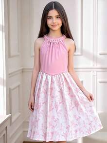 Elladie kids 一件大童连衣裙，优雅粉色，饰有珍珠串珠，无袖花卉图案印花A字中长裙，撞色设计，面料柔软，适合派对、野餐、校园度假和日常穿着，春夏季节穿着舒适百搭，适合青少年女孩。 - 粉色 - 查看 7