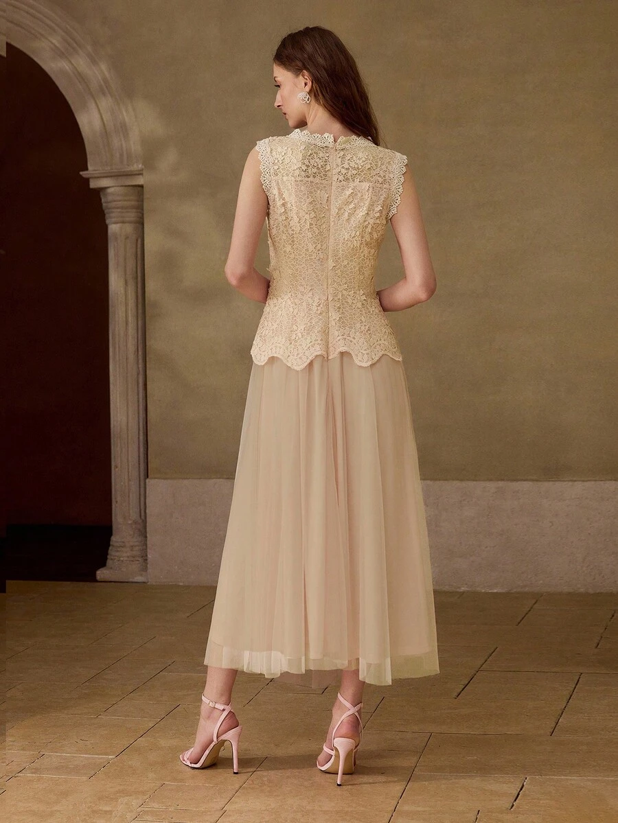 MOTF PREMIUM SUMMER DESIGN MESH PATCHWORK SLEEVELESS 3D FLORAL LACE ELEGANT PLEATED DRESS FOR WOMEN - Apricot - View 2