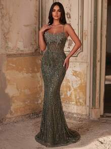 Glamrae Chân váy đuôi cá sang trọng, đính cườm và sequin họa tiết hoa 3D, thích hợp cho đám cưới, tiệc tùng, kỳ nghỉ, dạ hội và các dịp trang trọng (đính kết rất cầu kỳ). - Cỏ xanh - Xem 6
