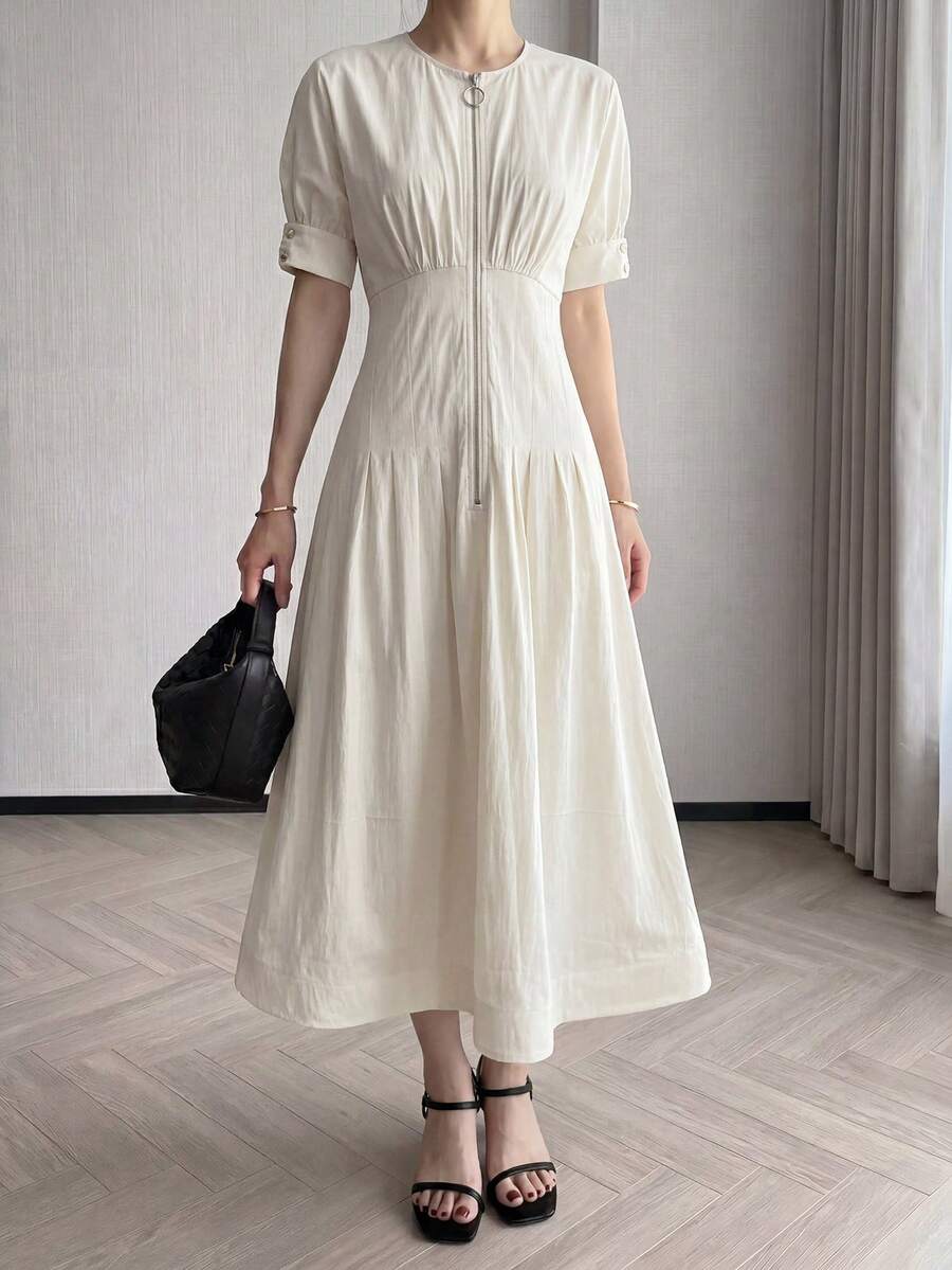 Heiryn Women's Solid Color Short Sleeve Zipper Front Casual Waist Cinched Midi Dress - Yellow - View 1