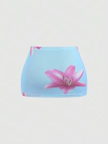 Sweetra Summer Women Vacation Style Printed Mini Skirt - Blue - View 2