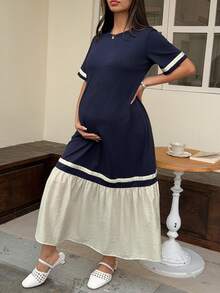 DAZY Contrast Color Patchwork Round Neck Casual Loose Maternity Long Dress With Short Sleeves, Spring/Summer Sun Dresses For Women - Navy Blue - View 5