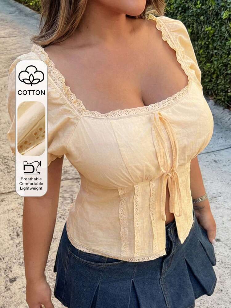 Dazy Plus Plus Size Square Neck Cinched Waist Cropped Slit Short Sleeve Shirt, Yellow, Spring/Summer Cute Tops