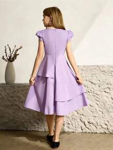 Robe courte évasée pour filles, couleur unie avec décoration papillon, convient pour mariage, fête, anniversaire, banquet - Parme - Voir 2