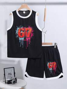 SHEIN 2件套男童休闲宽松运动套装，67号数字字母印花背心和短裤，适合通勤、上学、日常休闲穿着、运动、春夏穿着。 - 黑色 - 查看 6