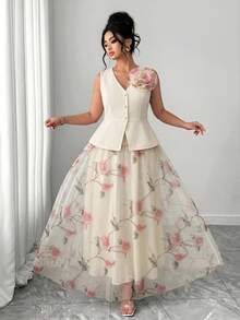 Elenzga Women's Elegant Summer Beige Wedding Guest Wedding Ninang Mesh Floral Print Set,Solid Color V-Neck Blouse With Metal Button,Dreamy Pink Set - Apricot - View 1