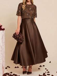 Ellevyn Women's Spring/Summer New Elegant High-End Embroidered Blouse & A-Line Skirt 2-Piece Set - Mocha Brown - View 4
