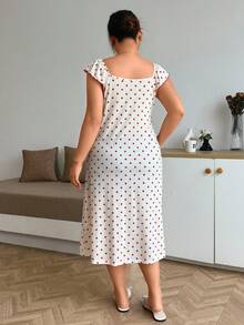 Napfluff CURVE Napfluff CURVE Plus Size Women's Red Polka Dot Print Ruffle Trim Soft Comfortable Icy Silk Knit Midi Dress, Sweet Romantic Style For Sleepwear Or Outerwear - Red - View 2