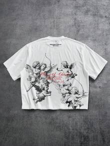 Manfinity ZONE917 Áo thun tay ngắn màu trắng in logo hoa thiên thần, dáng rộng, phong cách thường ngày, màu xám và đỏ, thích hợp làm quà tặng bạn bè, kiểu dáng rộng rãi (chất lượng cao). - trắng - Xem 1
