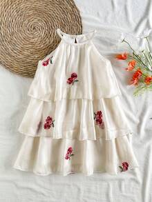 SHEIN Vintaside Kids 女童甜美森系网纱荷叶边领无袖A字公主裙 - 白色 - 查看 5
