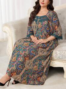 Al Najma 大码女式佩斯利印花纽扣装饰方领休闲连衣裙 - 彩色 - 查看 7
