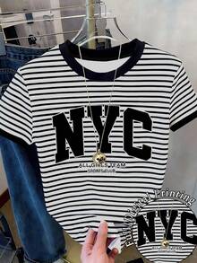 青少年/年轻女性休闲时尚复古经典黑白条纹“NYC”字母印花短款短袖T恤，百搭黑白条纹，夏季新款美式复古印花修身上衣 - 彩色 - 查看 1