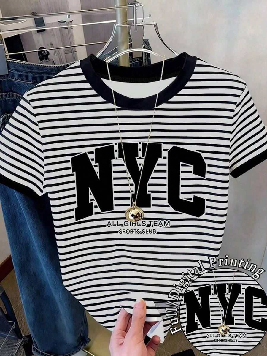 青少年/年轻女性休闲时尚复古经典黑白条纹“NYC”字母印花短款短袖T恤，百搭黑白条纹，夏季新款美式复古印花修身上衣 - 彩色 - 查看 1