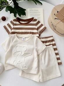 LMoss Kids Bộ 4 món áo thun và quần short dệt kim kẻ sọc trơn cho bé trai - Nhiều màu - Xem 3