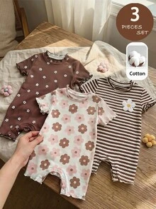 SHEIN Bộ 3 món áo liền quần dệt kim họa tiết hoa dễ thương cho bé gái, kiểu dáng thường ngày. - Nhiều màu - Xem 1