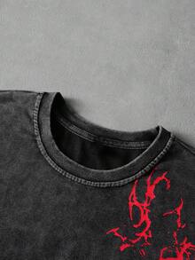 Manfinity Roghcode 男士青年街头风两件套，包括一件纯棉短袖T恤和一条宽松短裤，弹力腰带针织运动裤，做旧棉质面料，街头、哥特、嘻哈风格，适合主题派对、说唱歌手装扮、时尚街头服饰、节日礼物、男友礼物。 - 黑色 - 查看 4