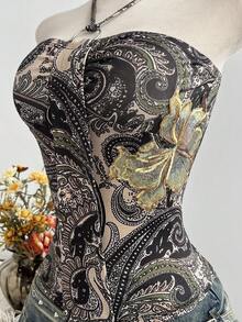 Elamini Tall Áo hai dây nữ mùa hè, kiểu dáng giản dị, thoải mái, họa tiết paisley đính sequin và hoa, trang trí tối giản. - Nhiều màu - Xem 5