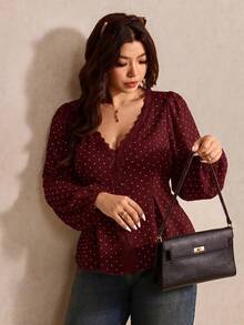 Elaquor Plus Size Women Polka Dot & Contrast Lace V-Neck Blouse Fall - Red - View 7