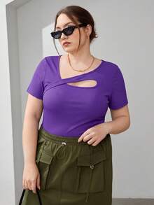SHEIN Essnce 女士加大码黑色镂空修身时尚百搭短袖T恤，春夏款 - 紫色 - 查看 5