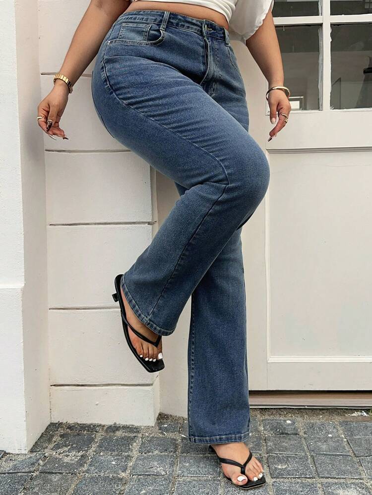 Dazy Plus Vintage Washed Blue Distressed Elastic Skinny Flare Jeans, Long Length Plus Size Women, Suitable For Spring/Summer